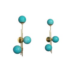 Italian Modern Midcentury Pair of Brass and Turquoise Blue Glass Sconces