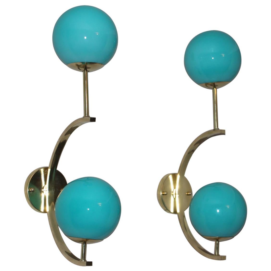 Modern Midcentury Pair of Brass and Turquoise Blue Glass Sconces, Wall Lights For Sale