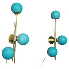Italian Modern Mid-Century Pair of Brass and Turquoise Blue Glass Sconces