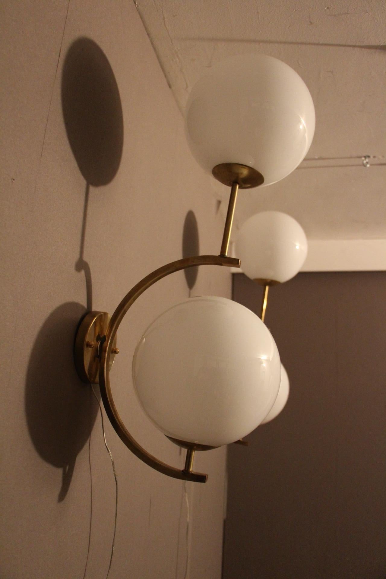 20th Century Italian Modern Midcentury Pair of Brass and White Glass Sconces