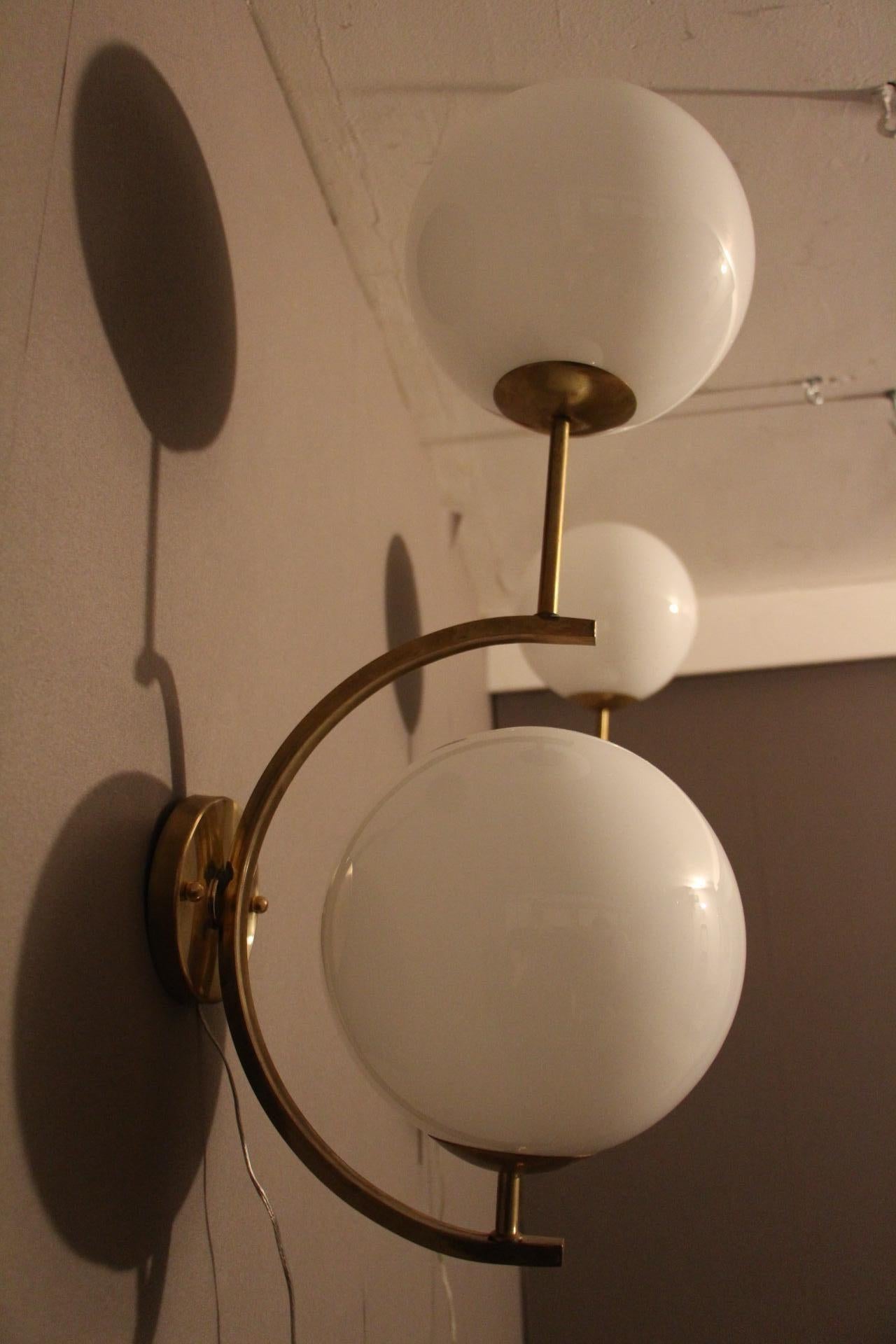 Italian Modern Midcentury Pair of Brass and White Glass Sconces 2