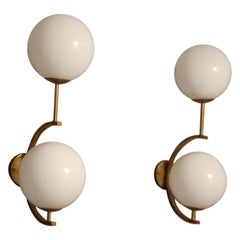 Italian Modern Midcentury Pair of Brass and White Glass Sconces