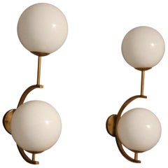 Italian Modern Midcentury Pair of Brass and White Glass Sconces