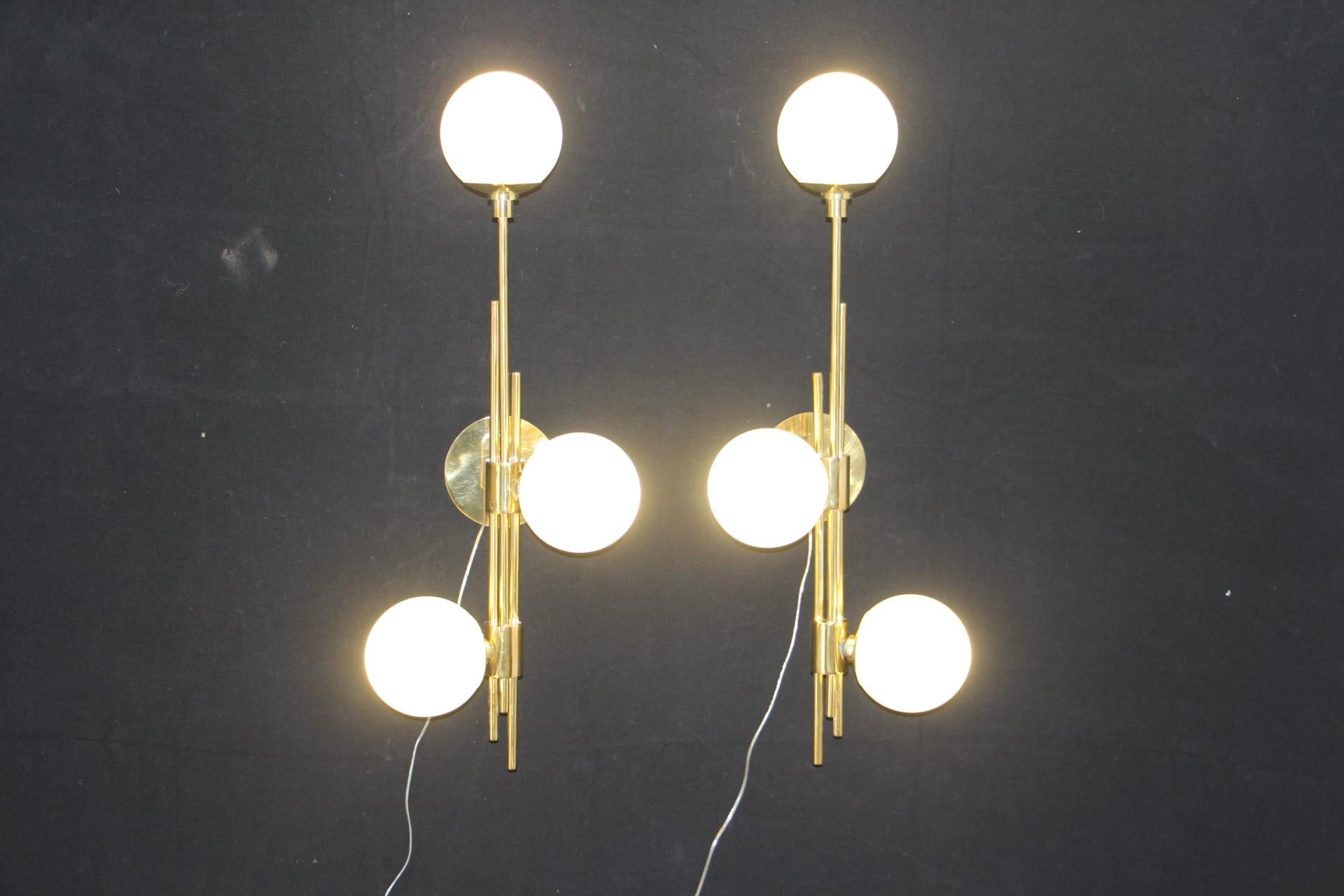 Modern Pair of Brass and White Glass Sconces, Stilnovo Style Wall Lights 5