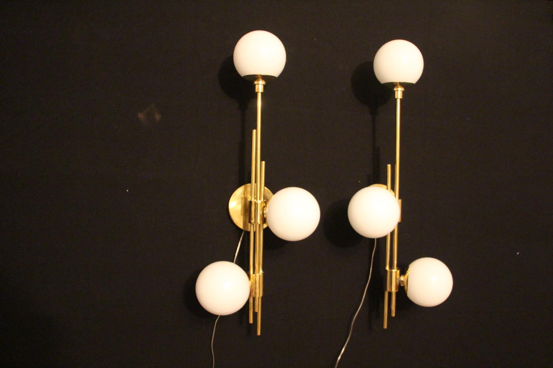Italian Modern Pair of Brass and White Glass Sconces, Stilnovo Style Wall Lights