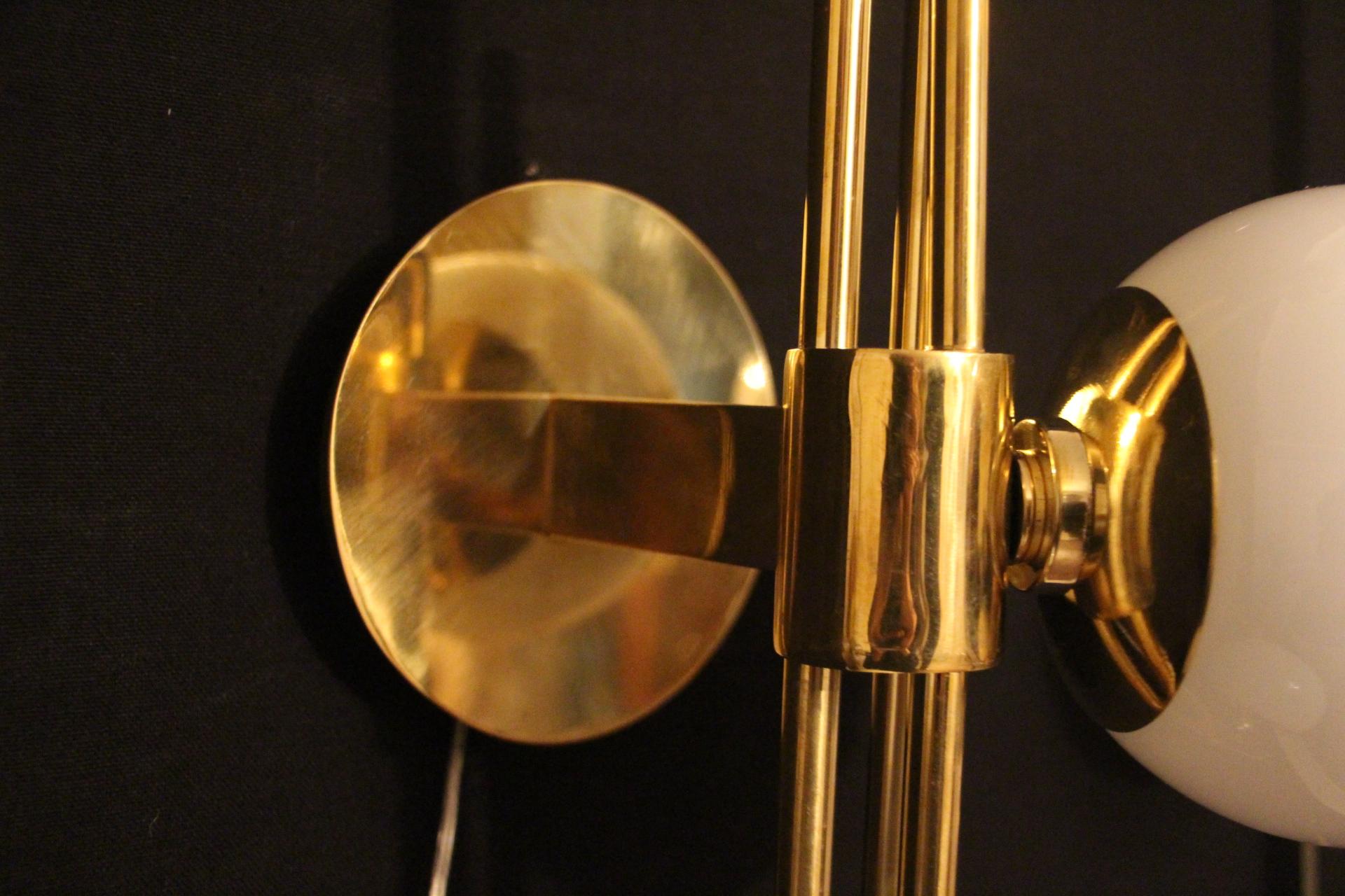 20th Century Modern Pair of Brass and White Glass Sconces, Stilnovo Style Wall Lights