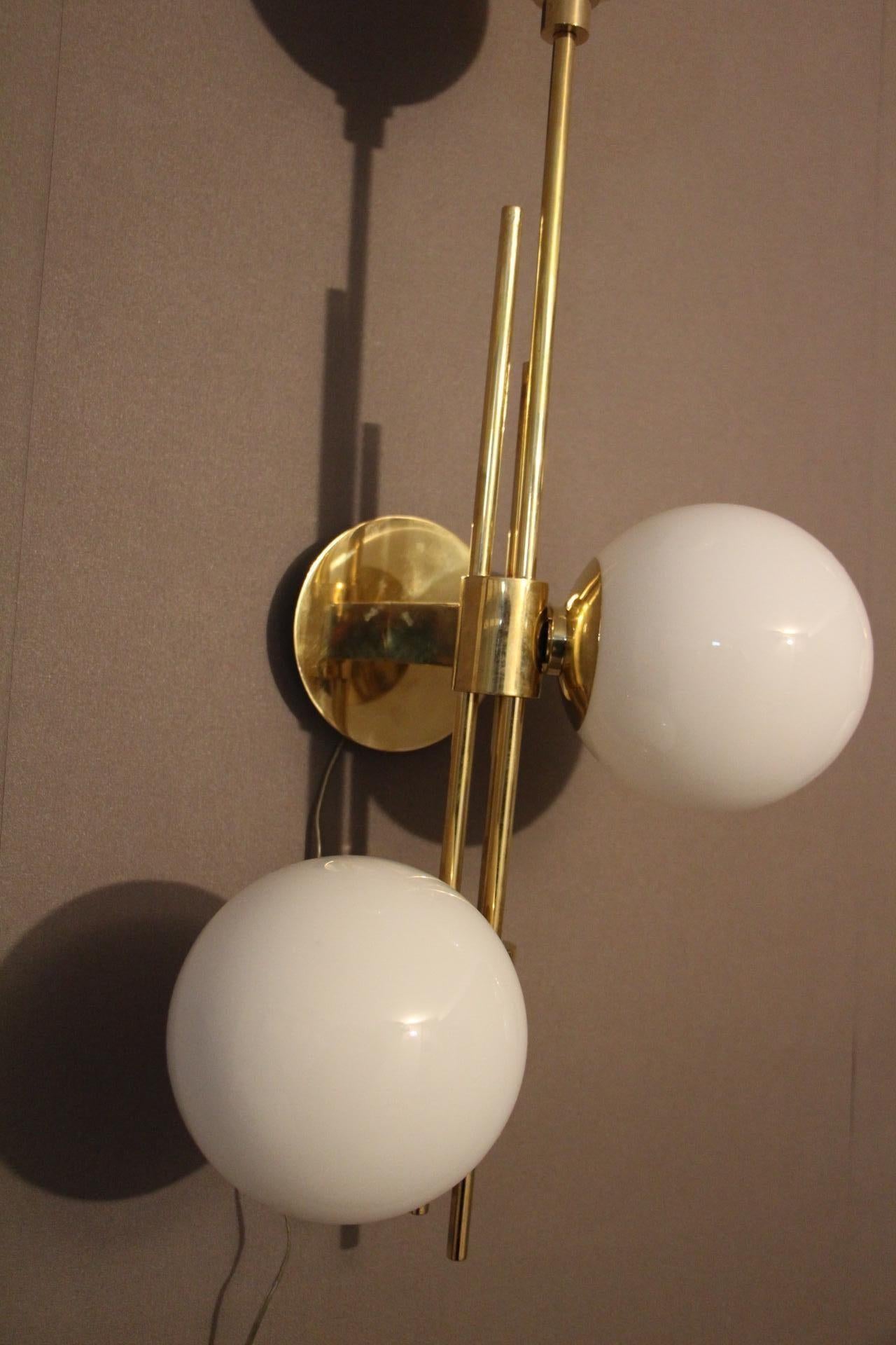Mid-Century Modern Italian Modern Midcentury Pair of Brass and White Murano Glass Sconces
