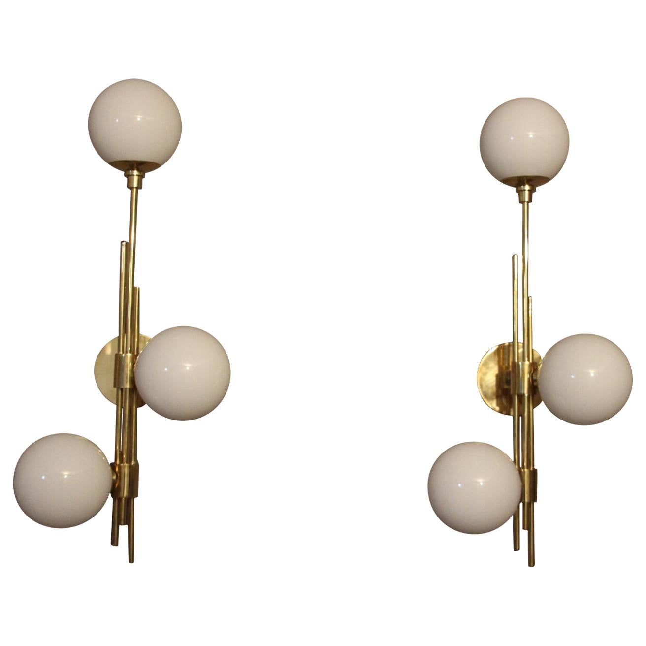 Italian Modern Midcentury Pair of Brass and White Murano Glass Sconces
