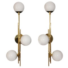 Italian Modern Midcentury Pair of Brass and White Glass Sconces, Stilnovo Style