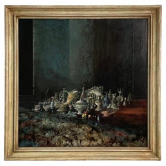 Pintura moderna italiana en técnica mixta de bodegón de Ronaldo Greco, años 1950-1990