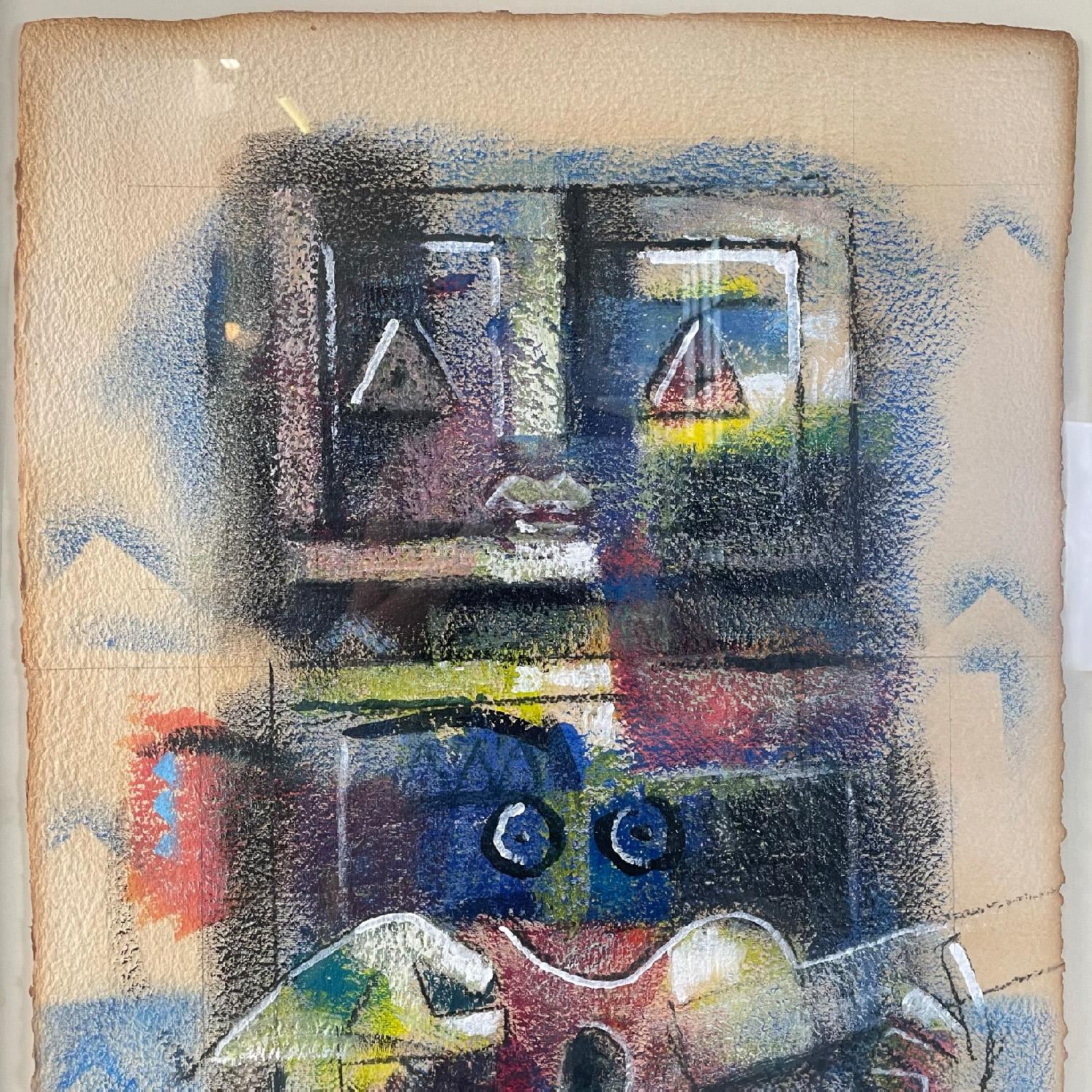 Glass Italian modern mixed media painting on paper silver frame by Ibrahim Kodra, 1983 For Sale