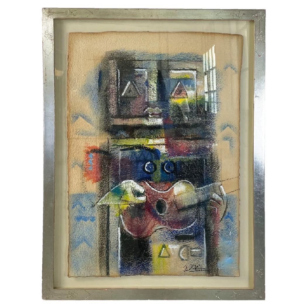 Italian modern mixed media painting on paper silver frame by Ibrahim Kodra, 1983 For Sale