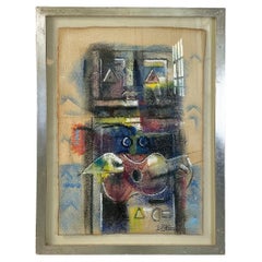Vintage Italian modern mixed media painting on paper silver frame by Ibrahim Kodra, 1983