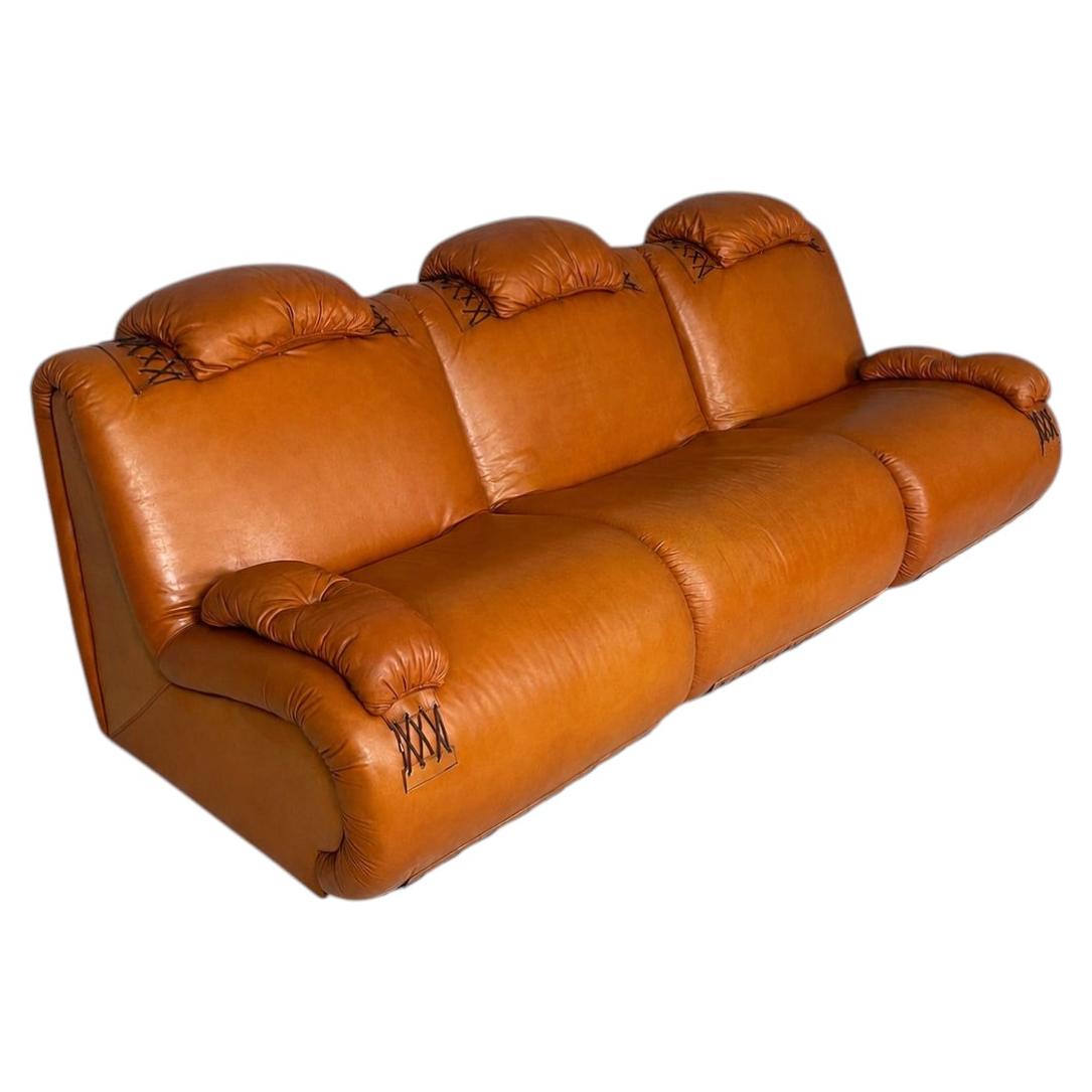 Italian modern modular brown leather sofa, 1970s For Sale