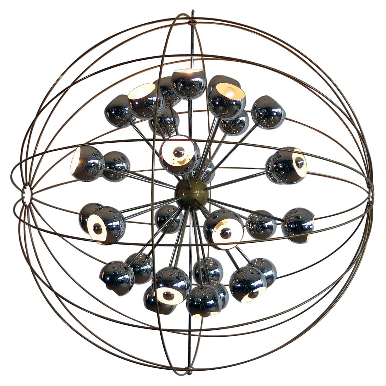 Italienischer moderner Sputnik-Kronleuchter mit mehreren Lichtern und verchromten Reggiani-Lampen, 1970