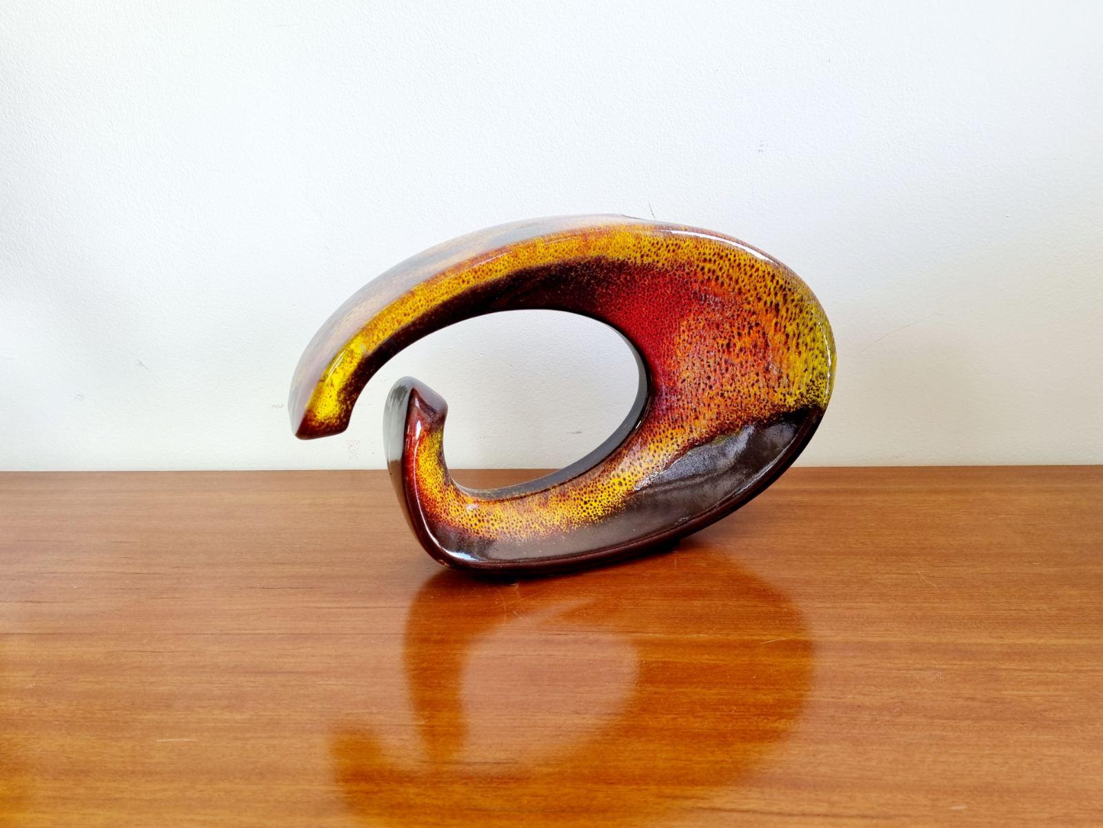 Large multicolored glazed ceramics vases designed by Roberto Rigon and made by Bertoncello.