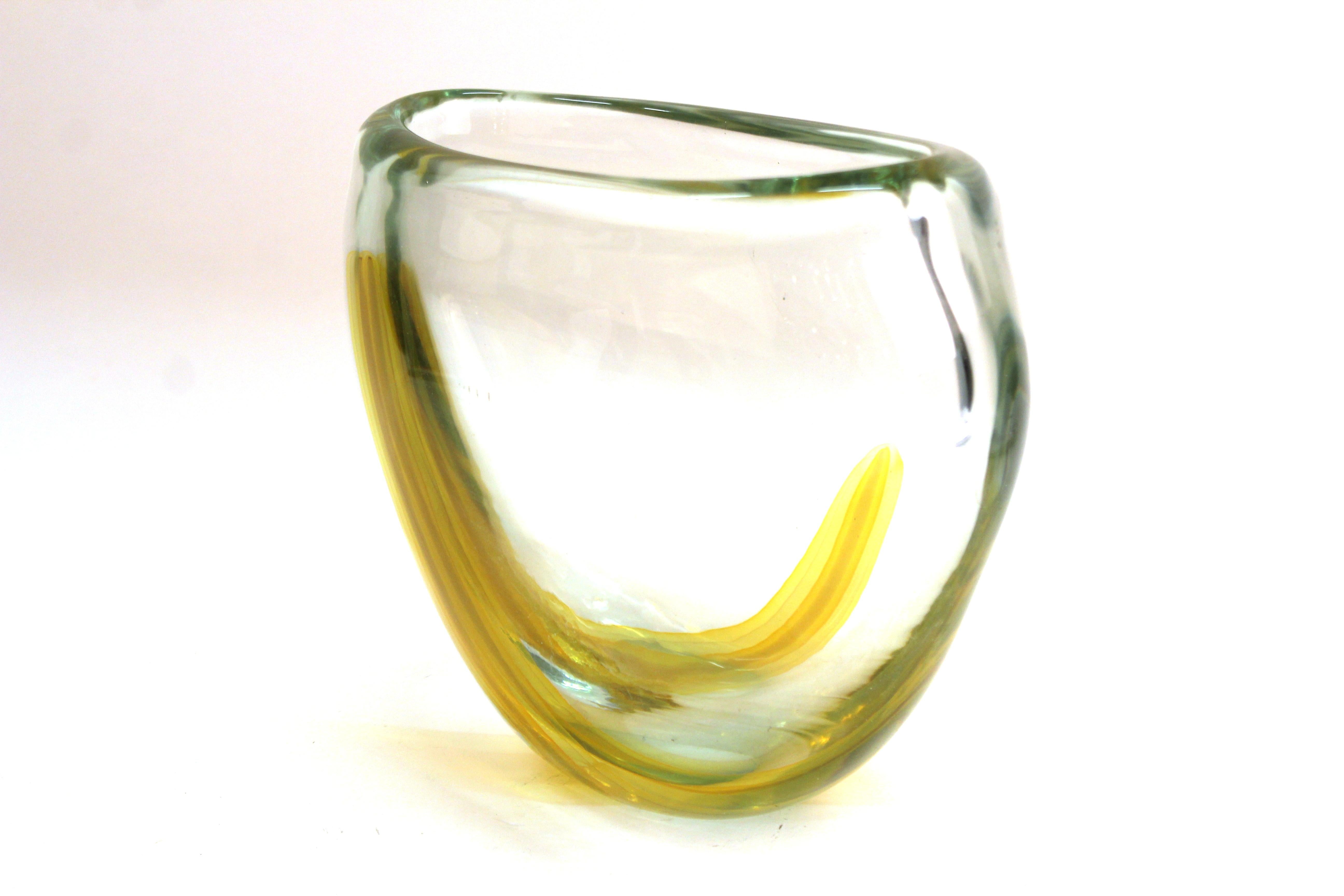 20th Century Italian Modern Murano Art Glass Vase with Yellow Strip