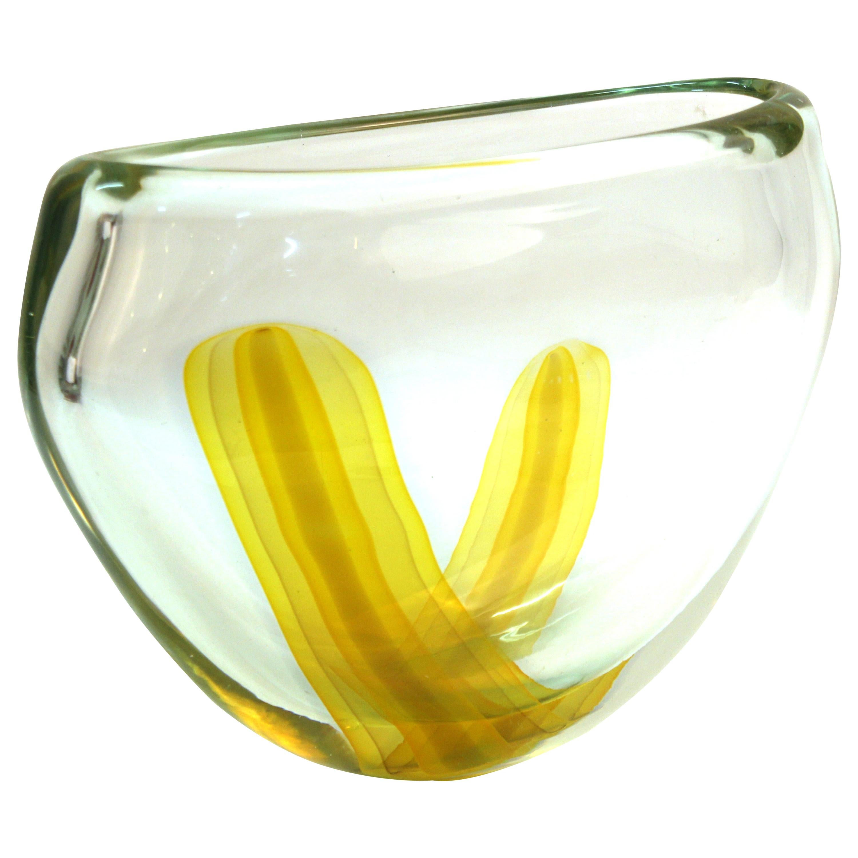 Italian Modern Murano Art Glass Vase with Yellow Strip