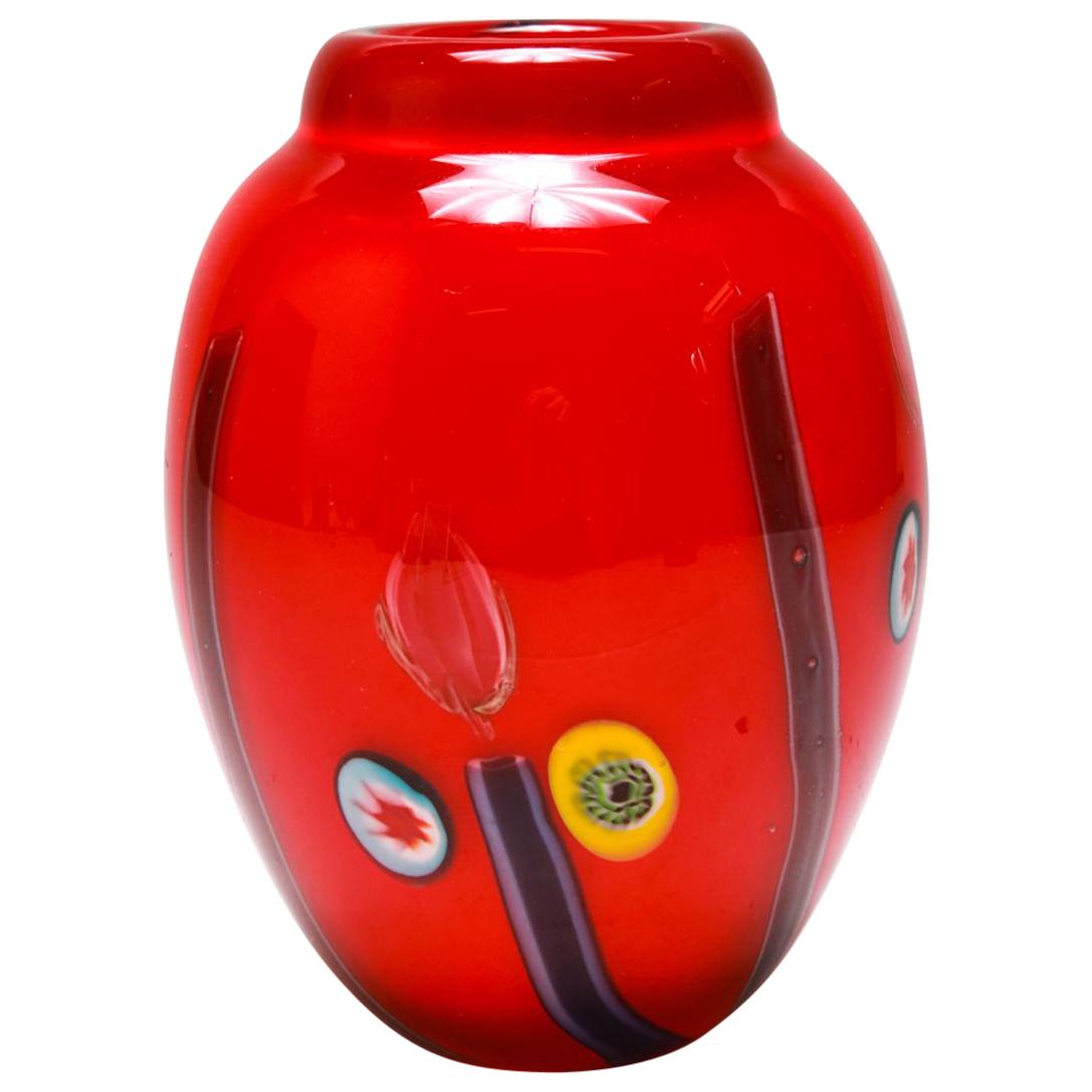 Italian Modern Murano Glass Vase in Cherry Red with Millefiori Plugs