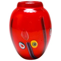 Italian Modern Murano Glass Vase in Cherry Red with Millefiori Plugs