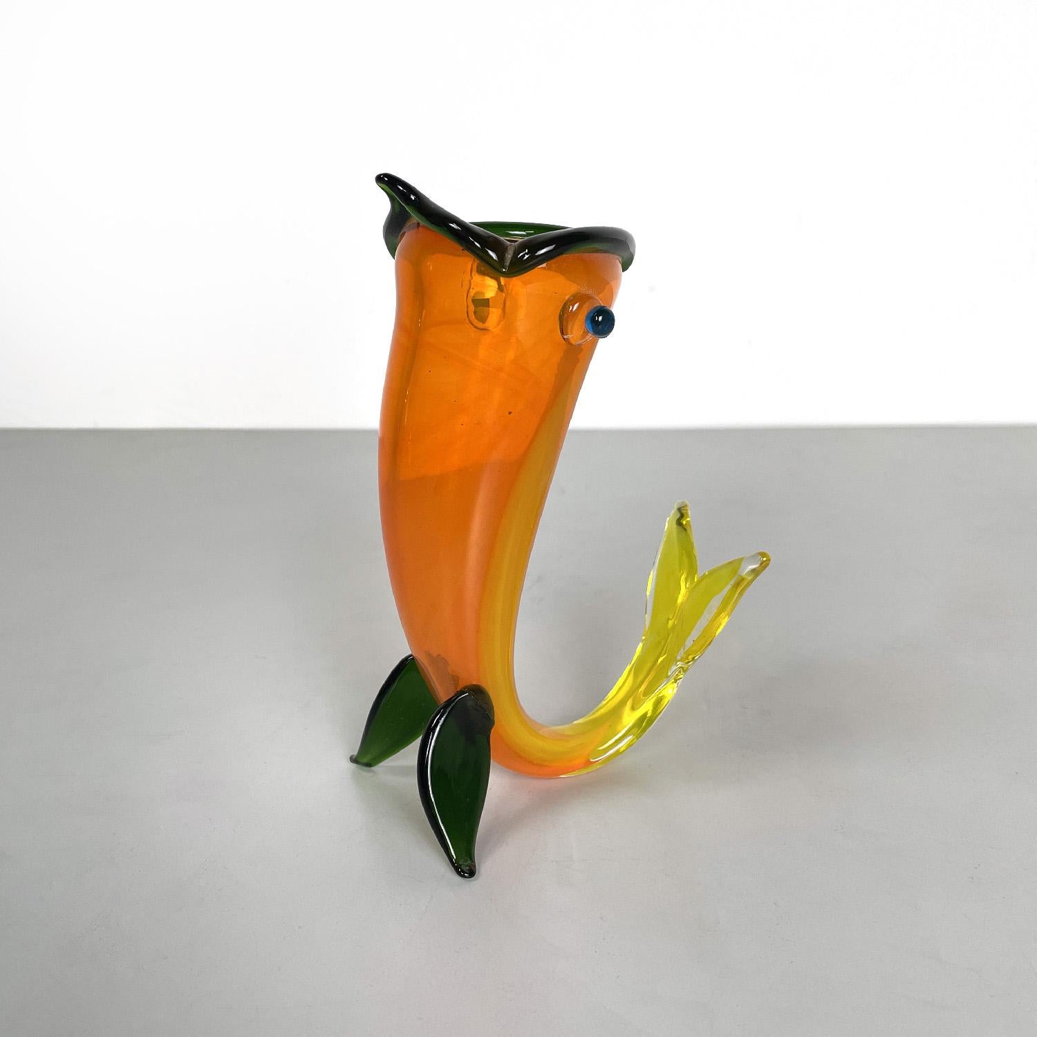 Modern Italian modern Murano orange yellow and green fish vase by Venini, 1990s