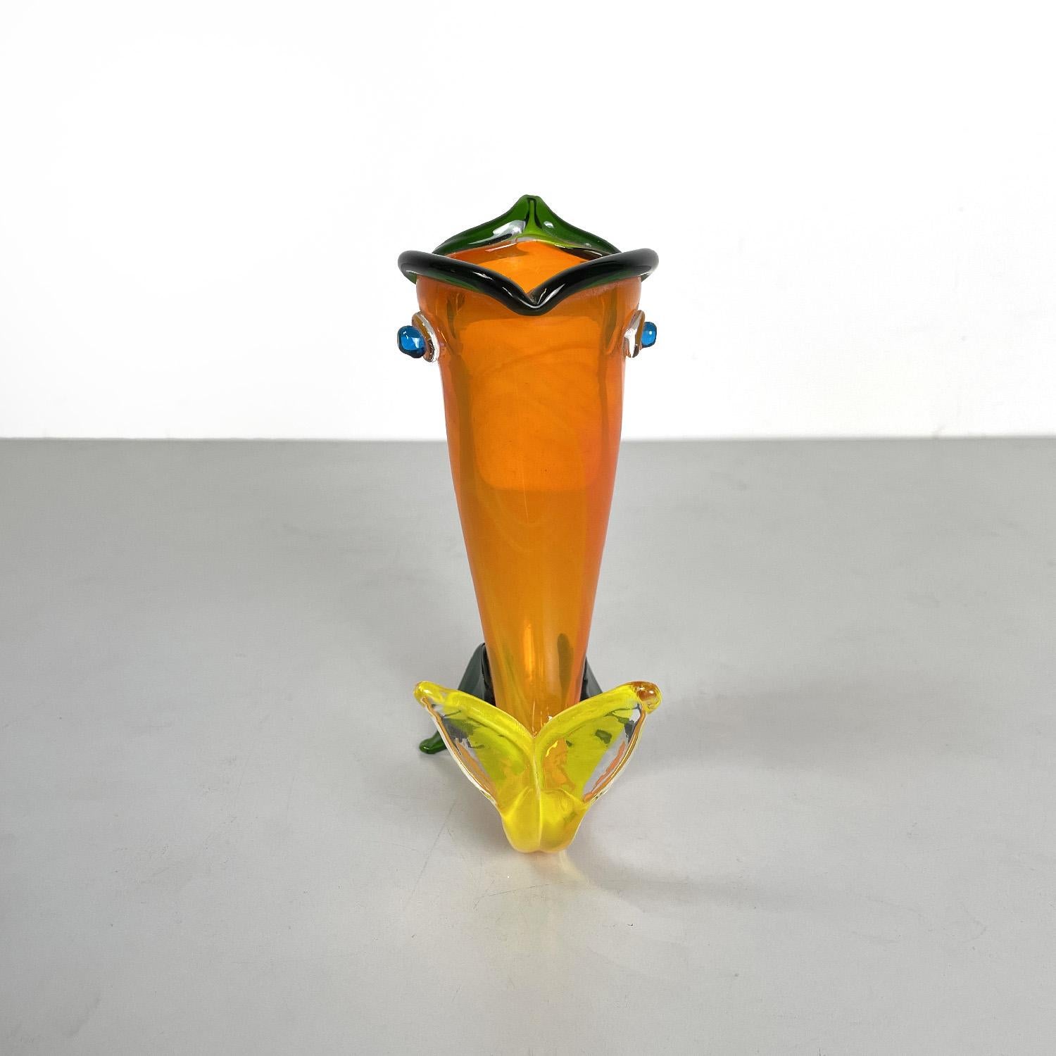 Late 20th Century Italian modern Murano orange yellow and green fish vase by Venini, 1990s