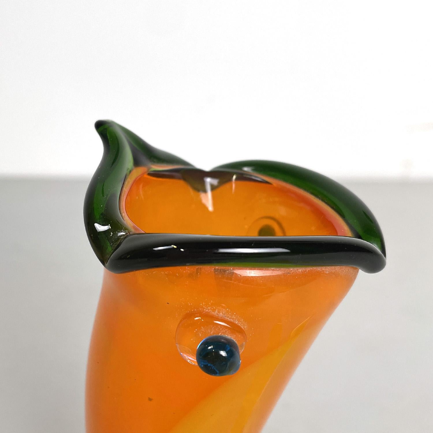 Murano Glass Italian modern Murano orange yellow and green fish vase by Venini, 1990s