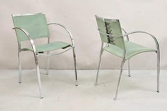 Italian Modern Naos Italy Teal Blue Leather Chrome "Corset" Arm Chairs - a Pair