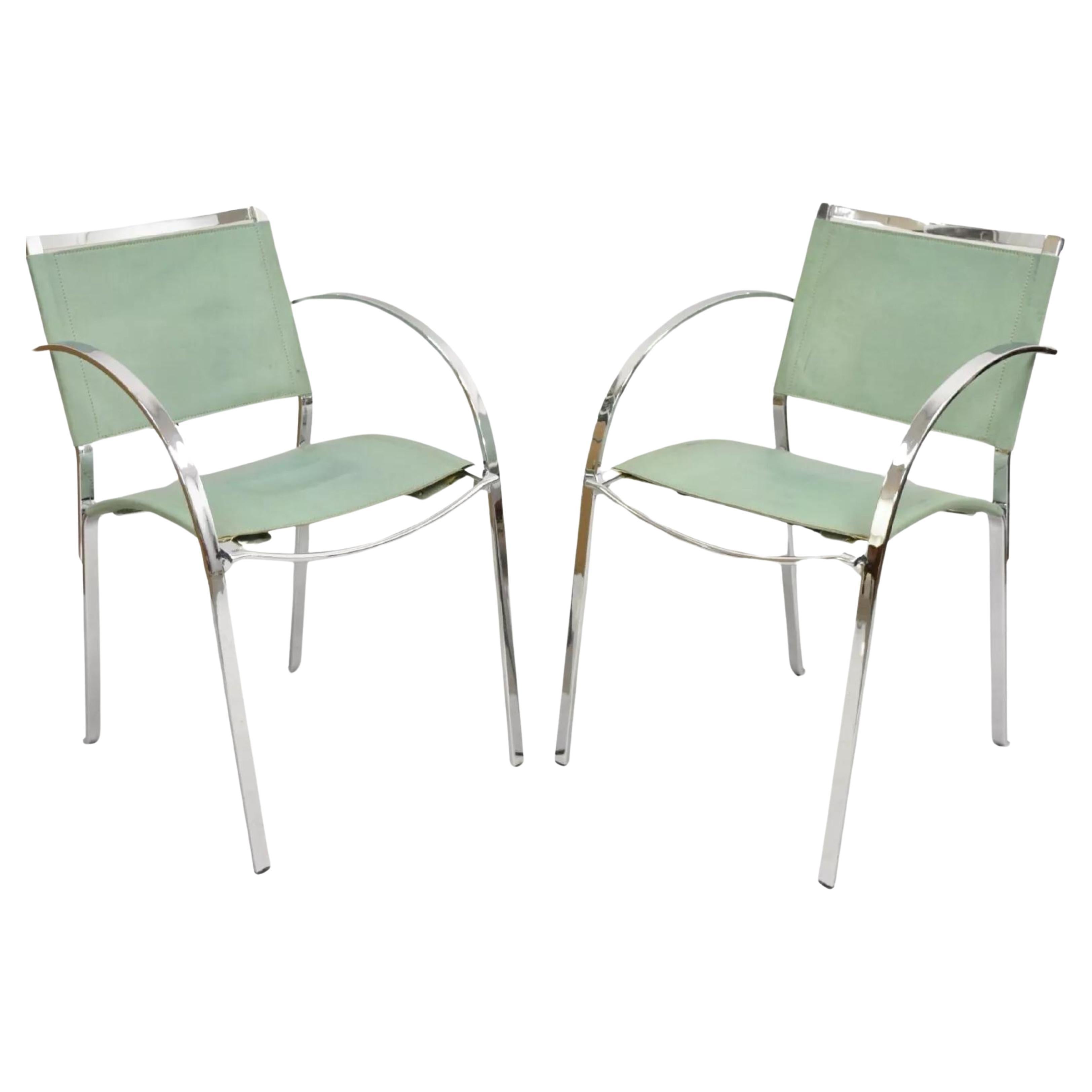 Italian Modern Naos Italy Teal Blue Leather Chrome "Corset" Arm Chairs - a Pair