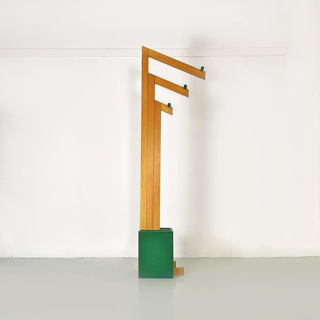Post-Modern Italian Modern Natural and Green Wood Coat Stand with Umbrella Container, 1980s For Sale