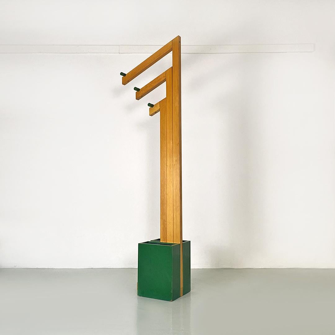 Late 20th Century Italian Modern Natural and Green Wood Coat Stand with Umbrella Container, 1980s For Sale