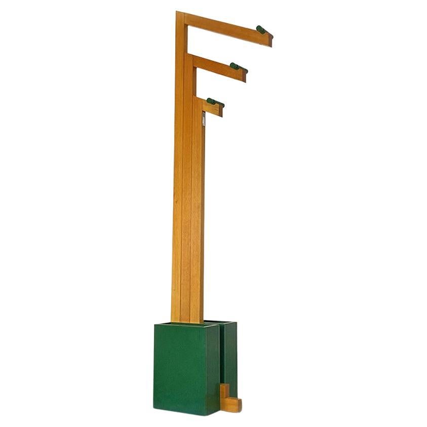 Italian Modern Natural and Green Wood Coat Stand with Umbrella Container, 1980s For Sale