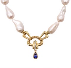 Italian Modern Necklace 18Kt Gold Baroque Pearls And 5.60 Cts Diamonds Sapphires