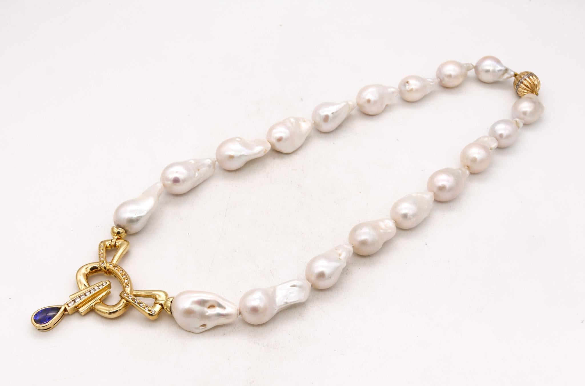 Italian Modern Necklace 18Kt Gold Baroque Pearls And 5.60 Cts Diamonds Sapphires For Sale 1