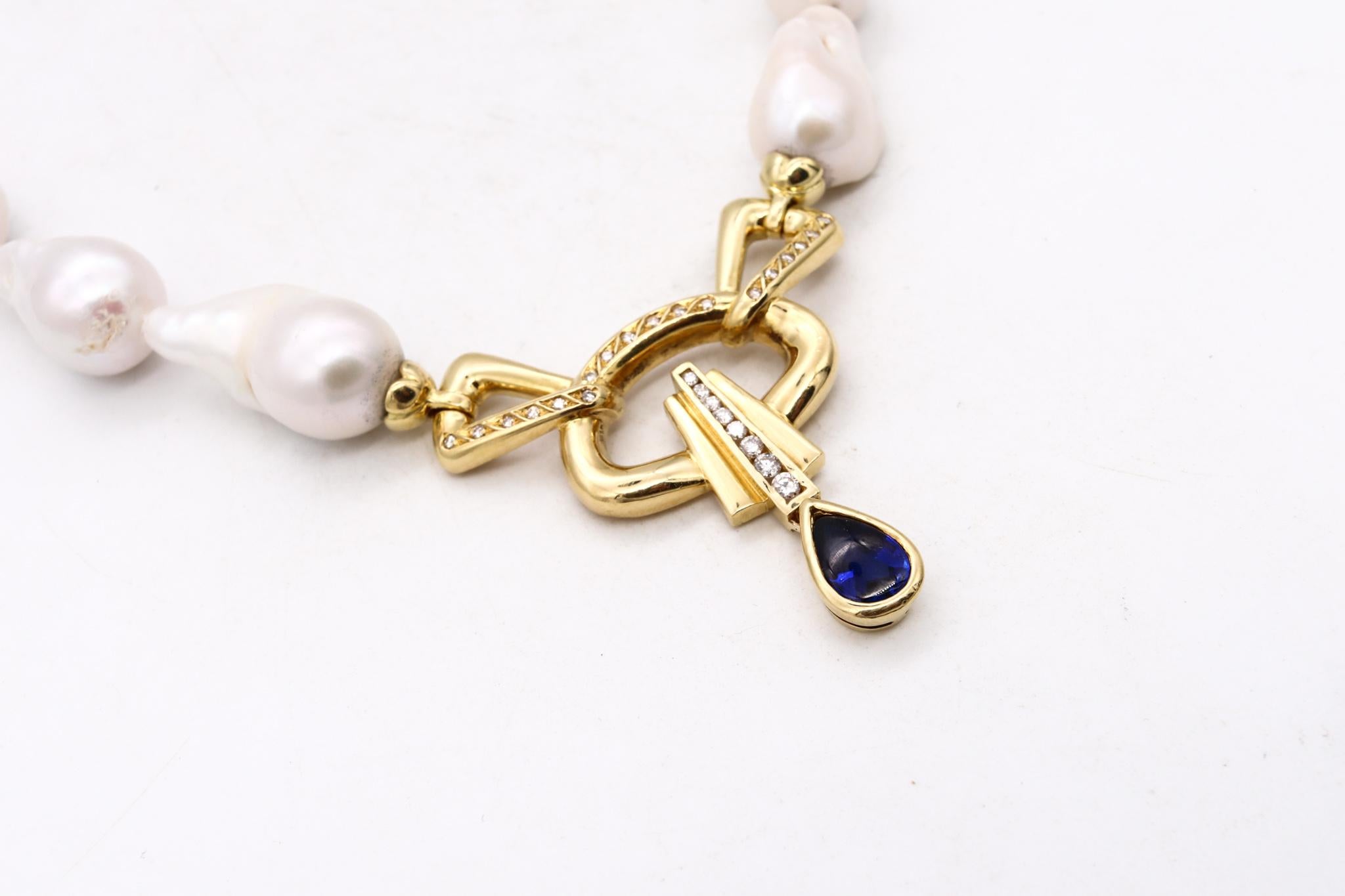 Italian Modern Necklace 18Kt Gold Baroque Pearls And 5.60 Cts Diamonds Sapphires For Sale 2