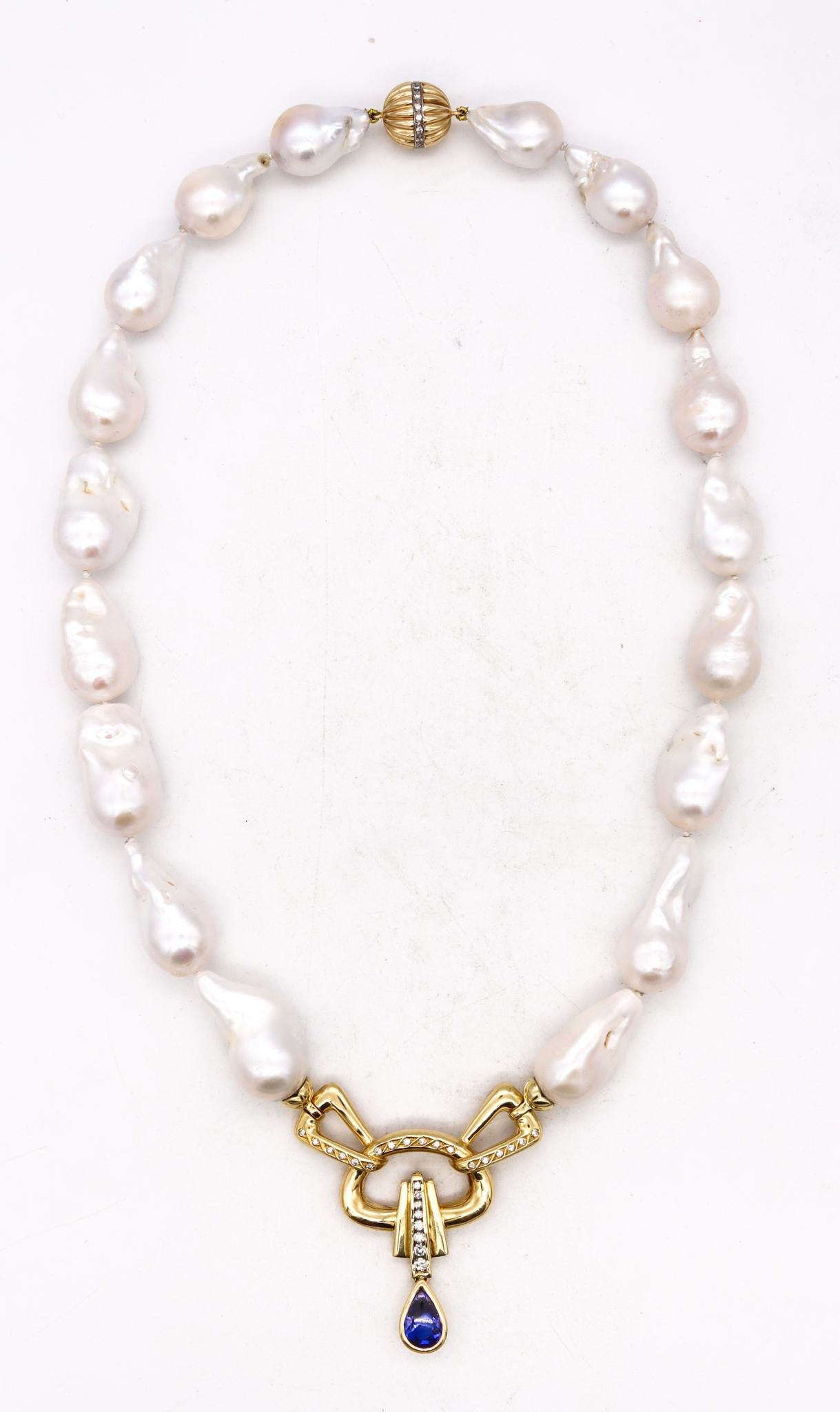 Italian Modern Necklace 18Kt Gold Baroque Pearls And 5.60 Cts Diamonds Sapphires For Sale 4