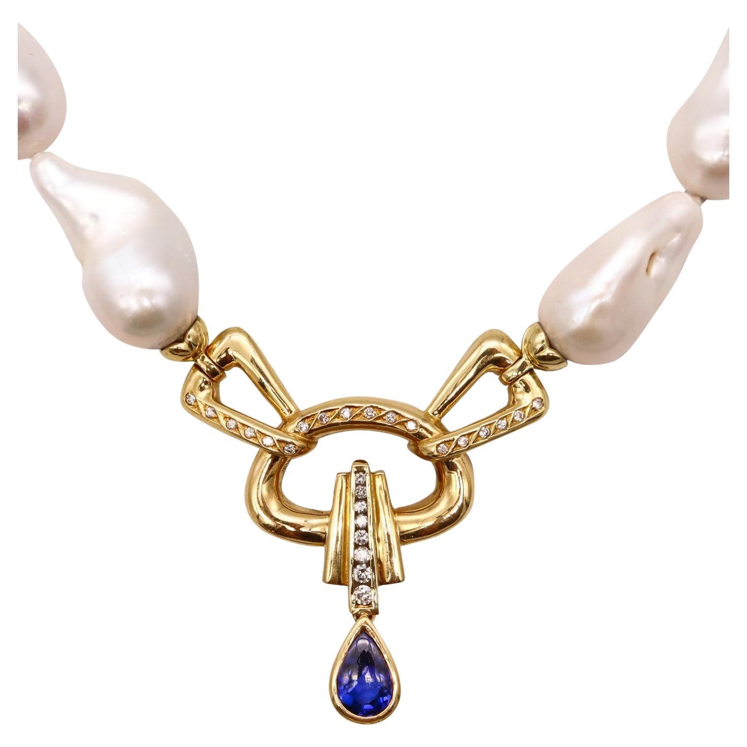 Italian Modern Necklace 18Kt Gold Baroque Pearls And 5.60 Cts Diamonds Sapphires For Sale