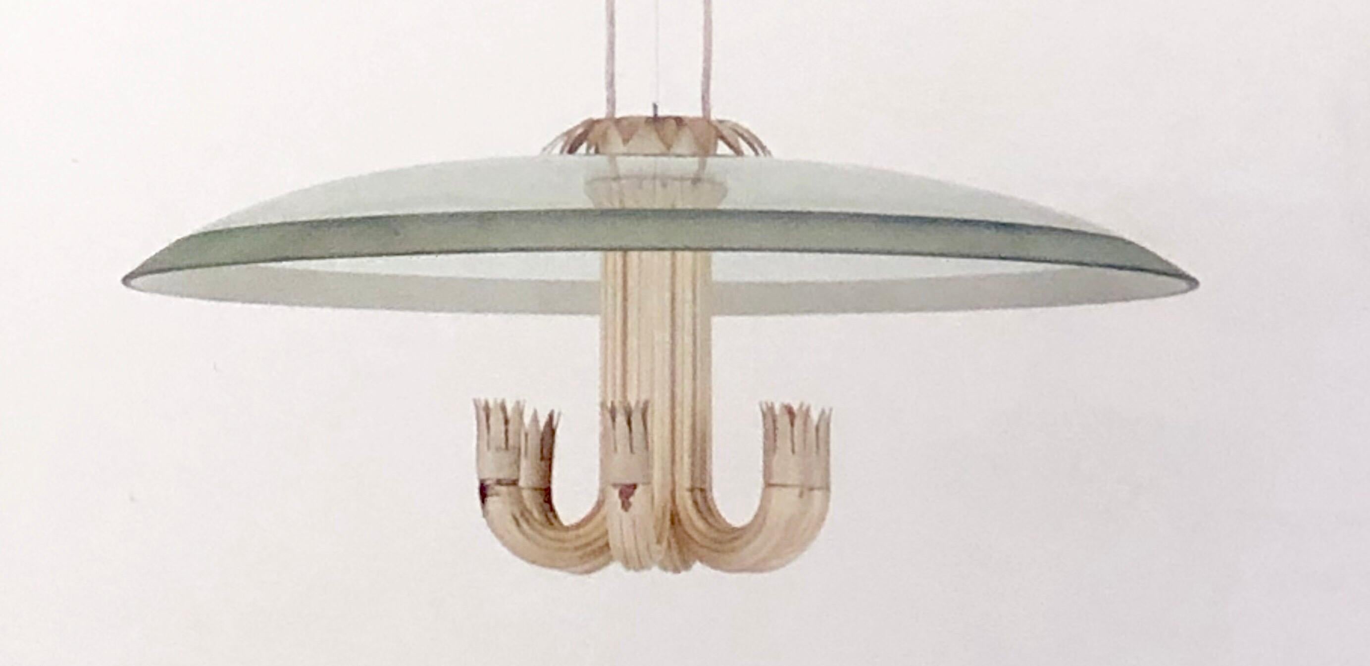 Etched Italian Modern Neoclassical Glass Chandelier by Pietro Chiesa for Fontana Arte For Sale