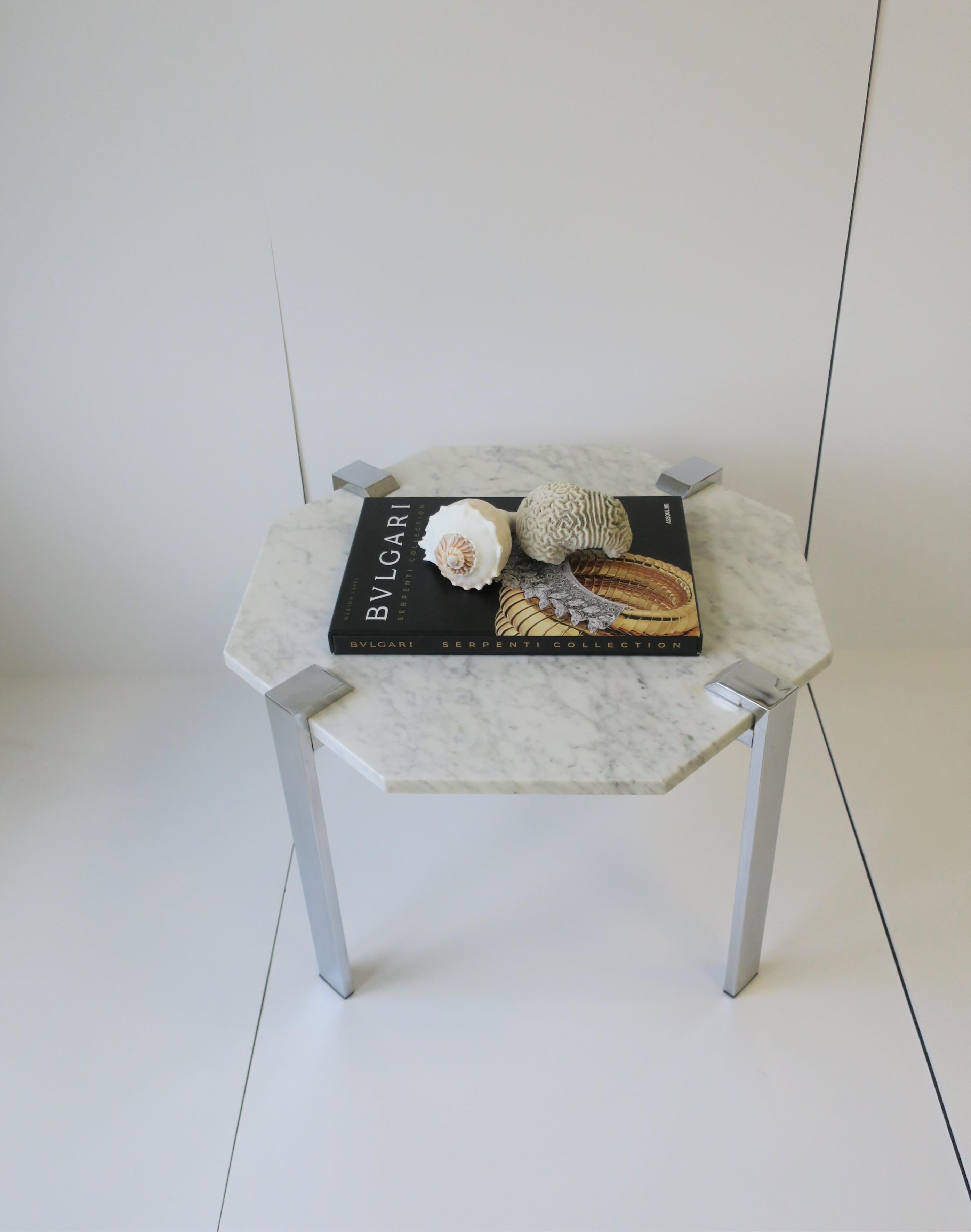 Italian Modern Octagonal Carrara White Marble and Chrome Table, 1970s  For Sale 1