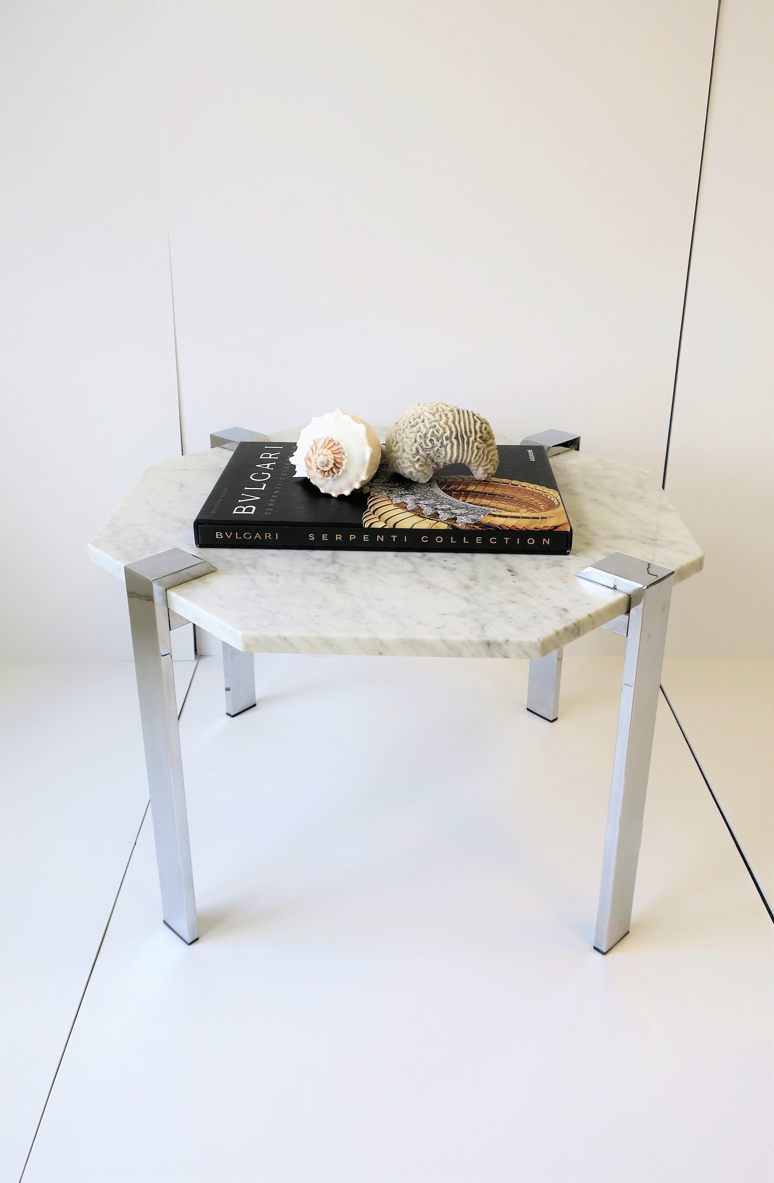 Italian Modern Octagonal Carrara White Marble and Chrome Table, 1970s  In Good Condition For Sale In New York, NY