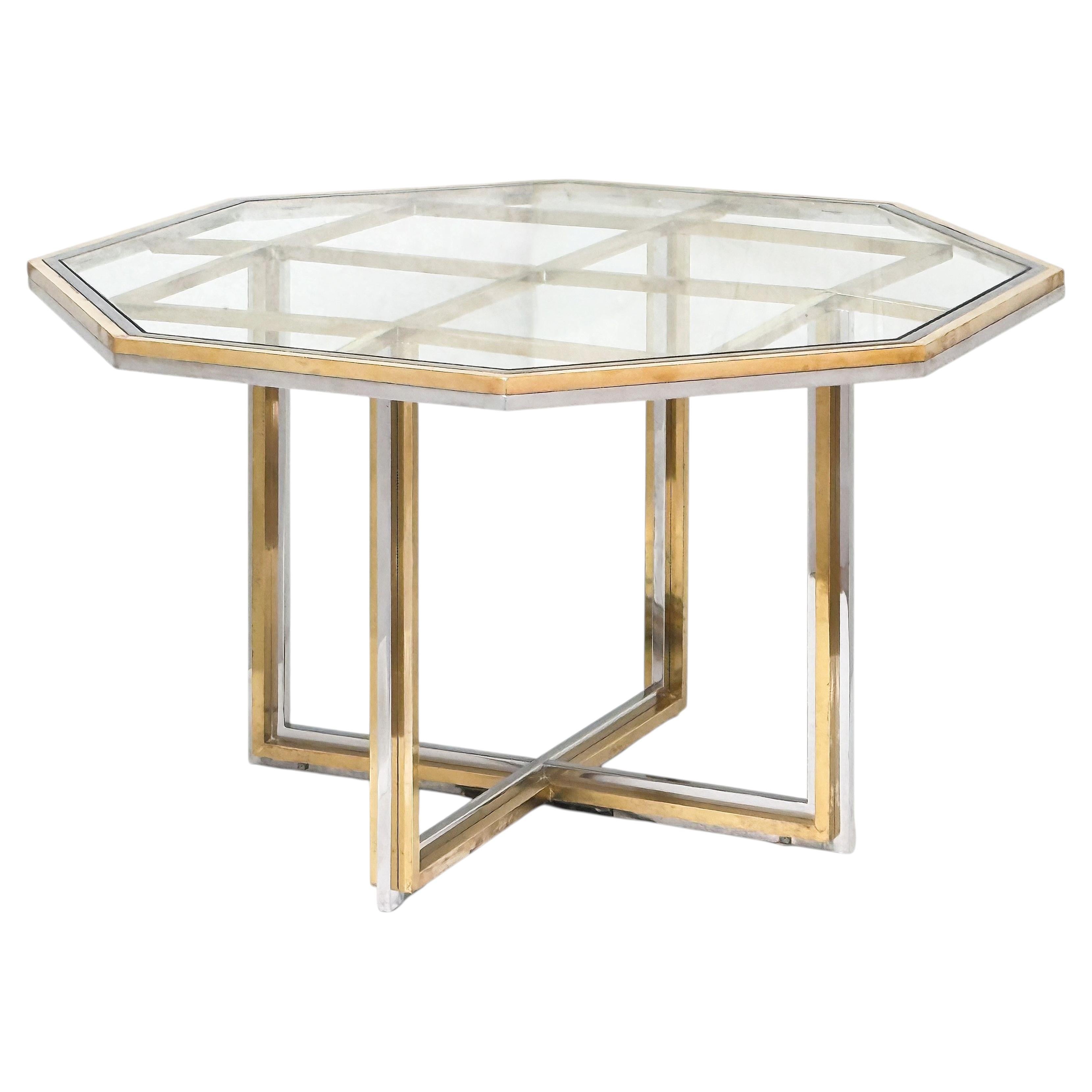 Table centrale octogonale moderne italienne en chrome et laiton avec plateau en verre en vente