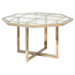 Italian Modern Octagonal Center Table of Chrome and Brass with Glass Top