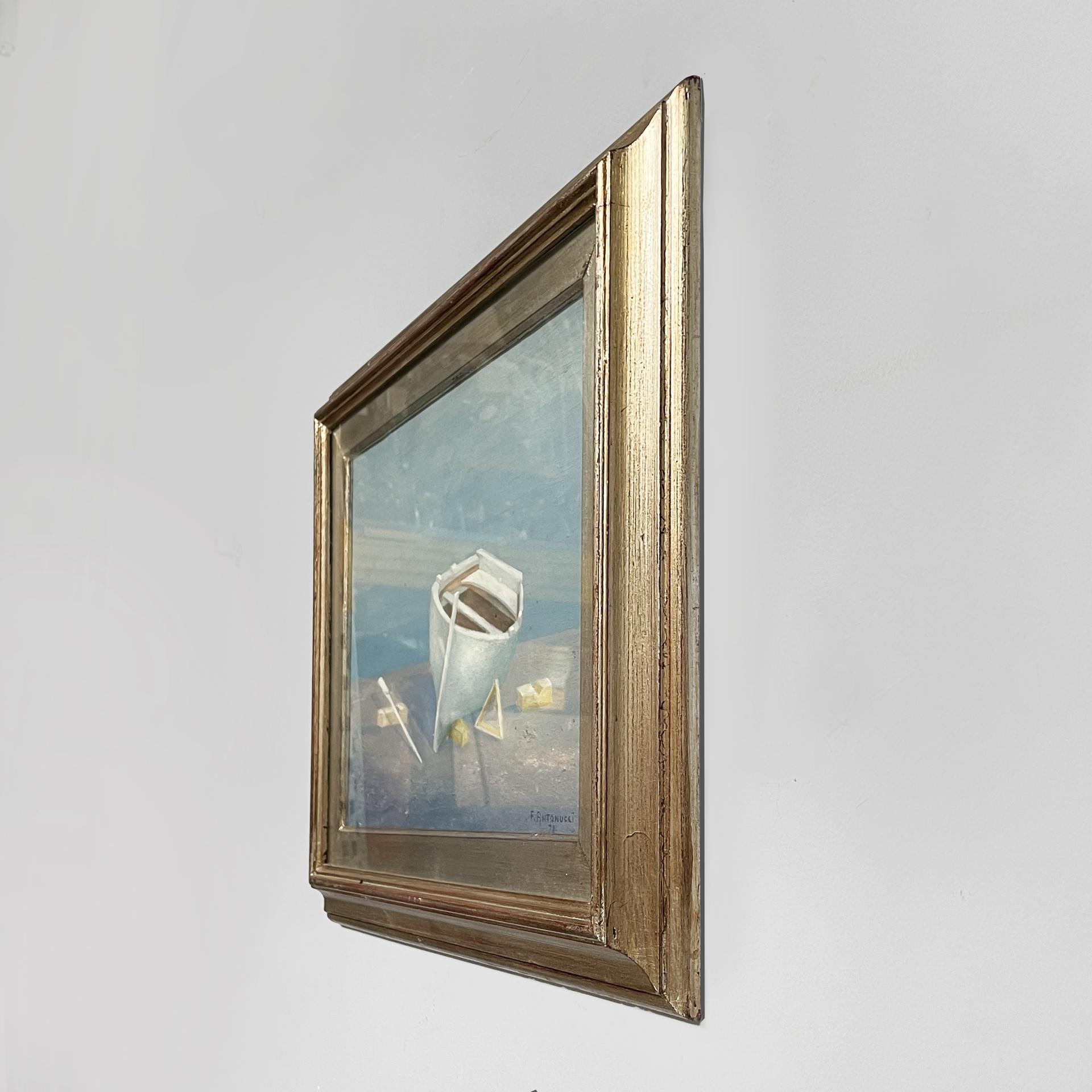 Moderne Peinture à l'huile moderne italienne représentant un bateau dans un cadre en bois doré, 1978 en vente