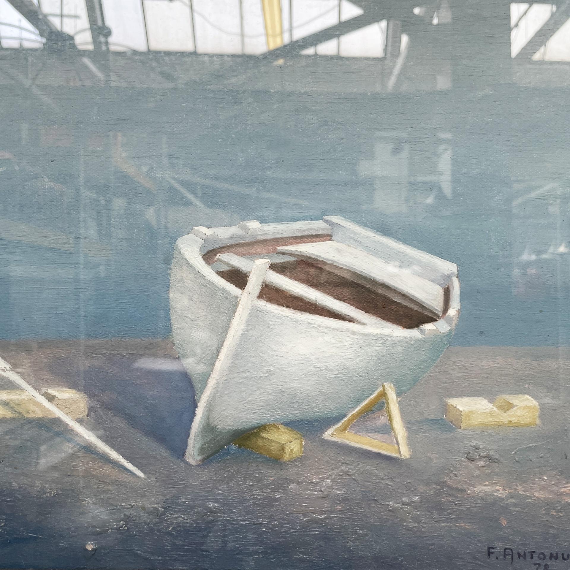 Peinture à l'huile moderne italienne représentant un bateau dans un cadre en bois doré, 1978 Bon état - En vente à MIlano, IT