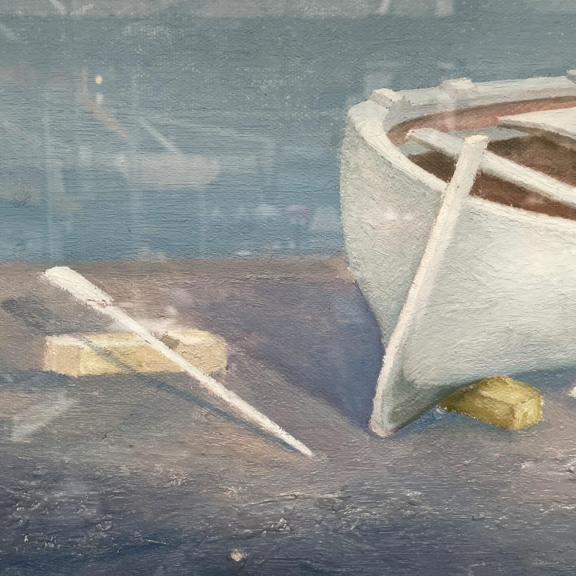 Fin du 20e siècle Peinture à l'huile moderne italienne représentant un bateau dans un cadre en bois doré, 1978 en vente