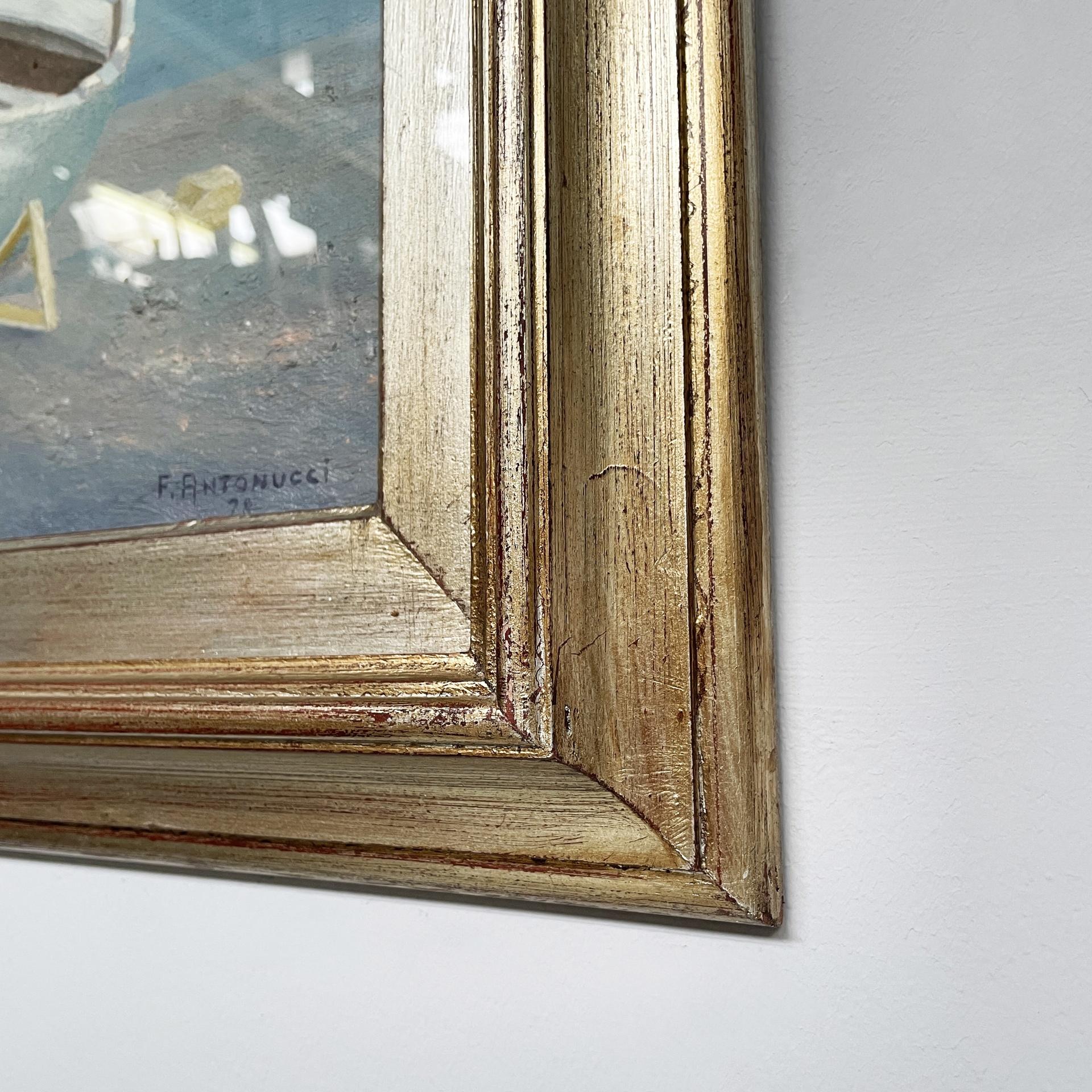 Toile Peinture à l'huile moderne italienne représentant un bateau dans un cadre en bois doré, 1978 en vente