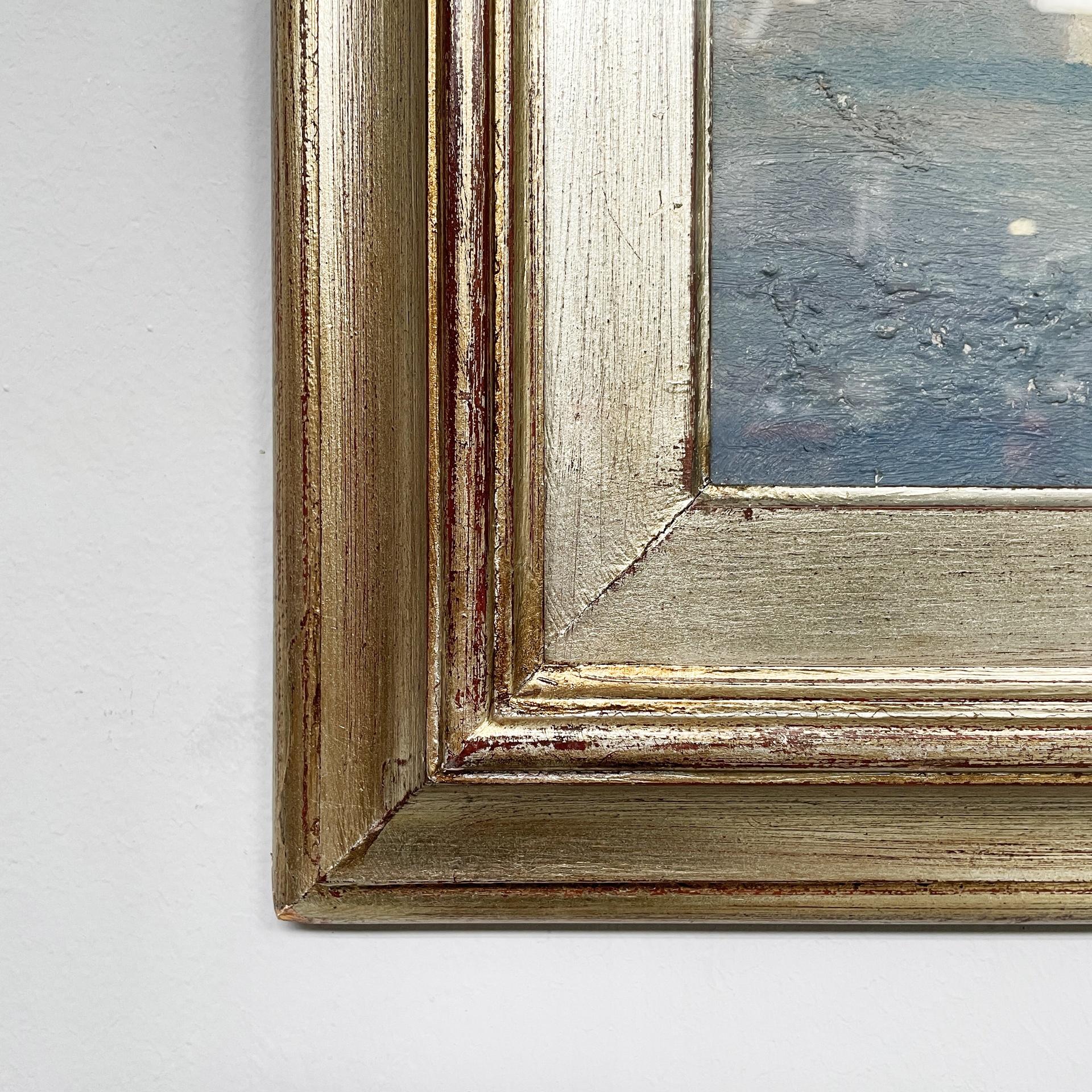 Peinture à l'huile moderne italienne représentant un bateau dans un cadre en bois doré, 1978 en vente 1