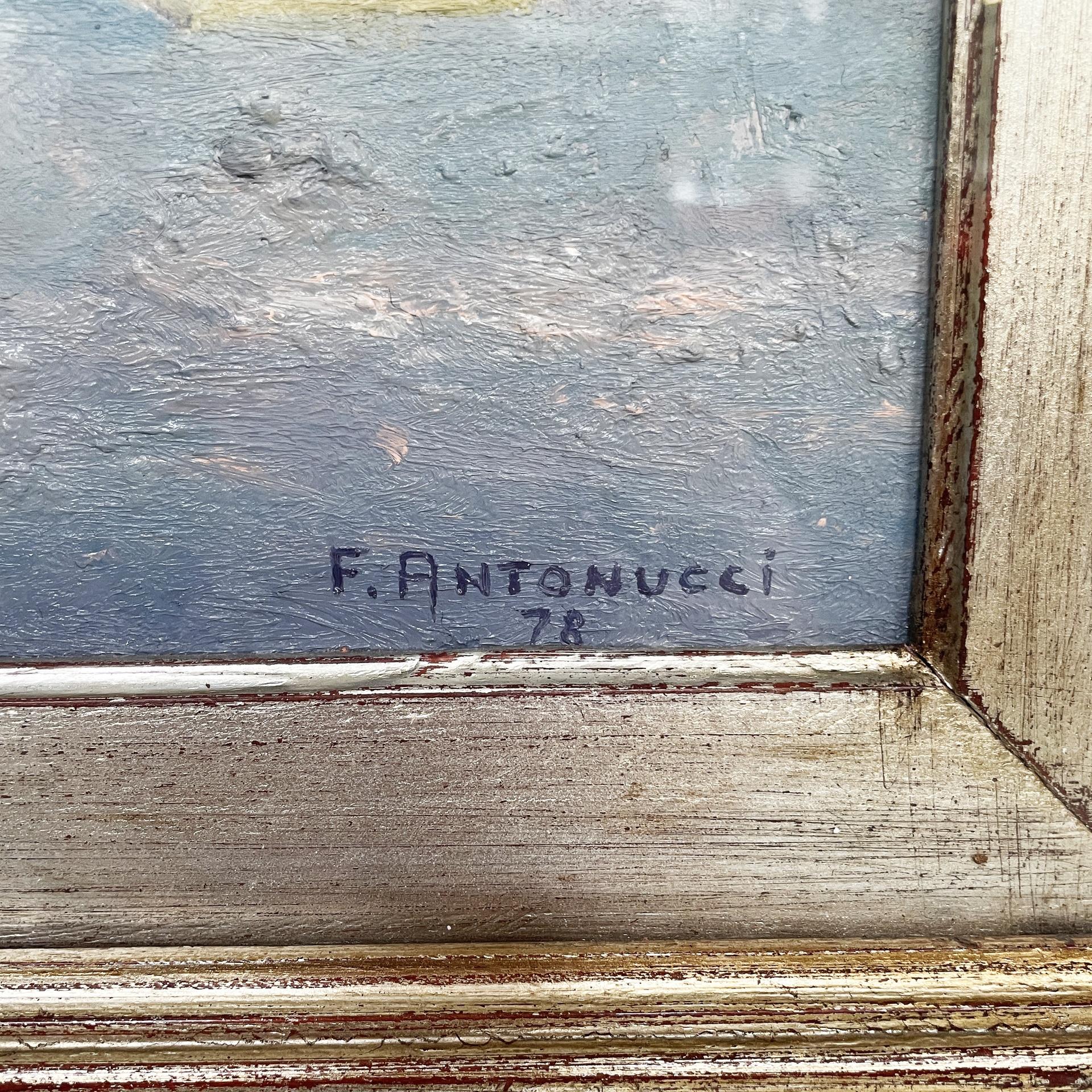 Peinture à l'huile moderne italienne représentant un bateau dans un cadre en bois doré, 1978 en vente 2