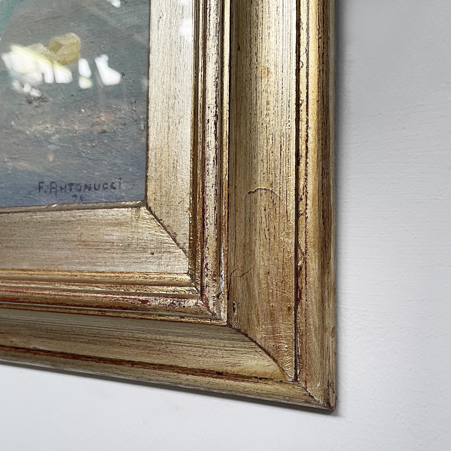 Peinture à l'huile moderne italienne représentant un bateau dans un cadre en bois doré, 1978 en vente 3