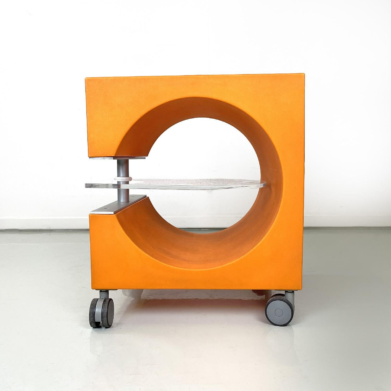 Metal Italian modern orange plastic coffee table with plexiglass clear top, 2000s For Sale